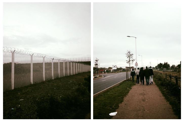 Photo: Fence, people walking, tents & rubbish (October 2015) by Ireland Calais Refugee Solidarity