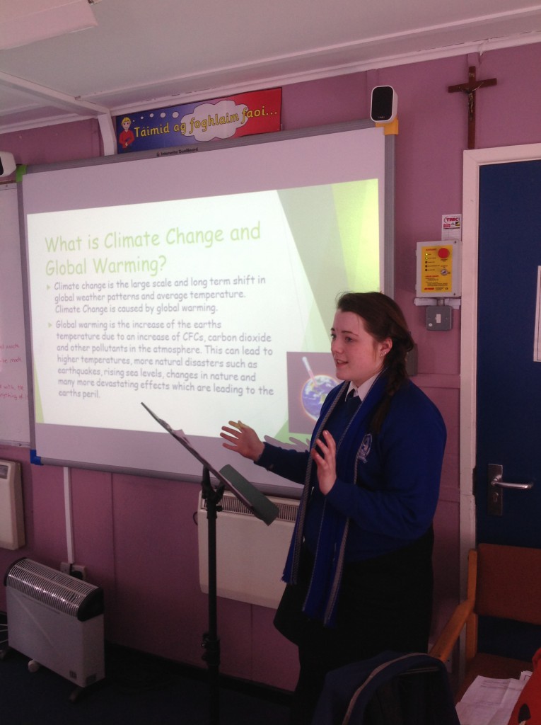 Amy Logan giving a class presentation on Climate Change by Trócaire